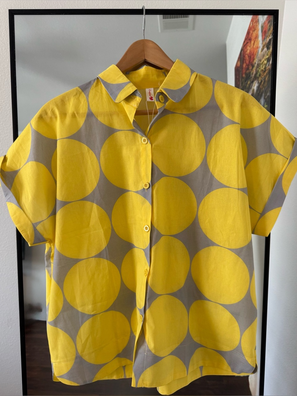 Yellow & Gray Large Polka Dot Short Sleeve Button-Up